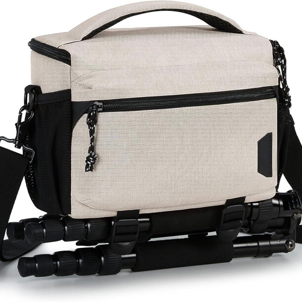 BAGSMART Small Camera Bag for Photographers, Compact Camera Shoulder Bags for DSLR/SLR/Mirrorless Cameras, Waterproof Crossbody Camera Case with Tripod Holder, Ivory White