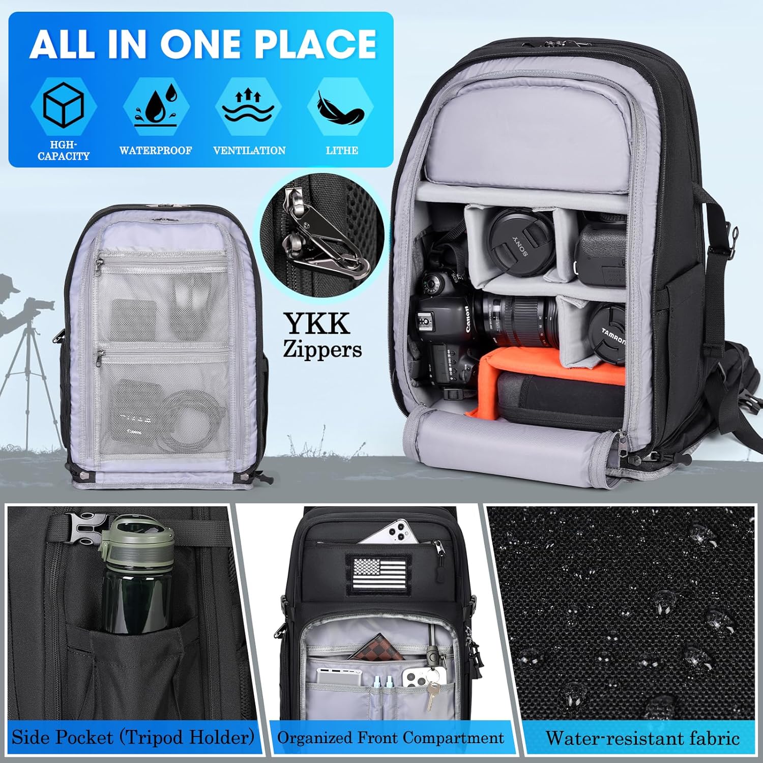 SDYSM Camera Backpack Bag Professional for DSLR/SLR Mirrorless Camera Waterproof 15.6 inch Tactical Camera Bags for Photographers with Rain Cover, Tripod Holder, Small Bag Photography Backpack Case - Image 3